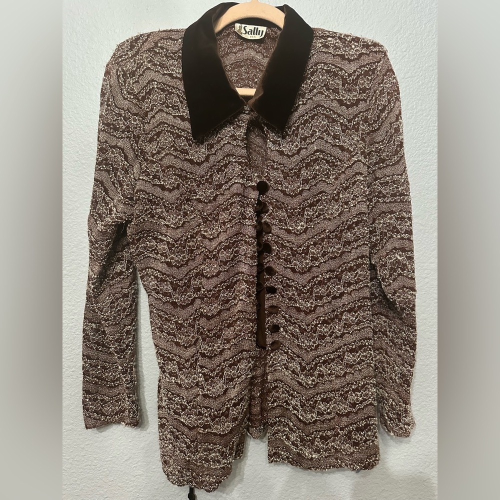 EUC Vintage Sally USA Brown and Cream Semi Sheer Velvet Blouse